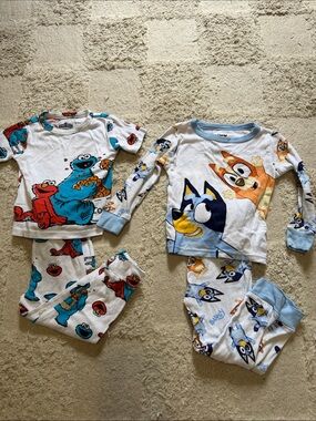 Kids Sesame Street & Bluey Cotton Pajama Sets - White/Light Blue
